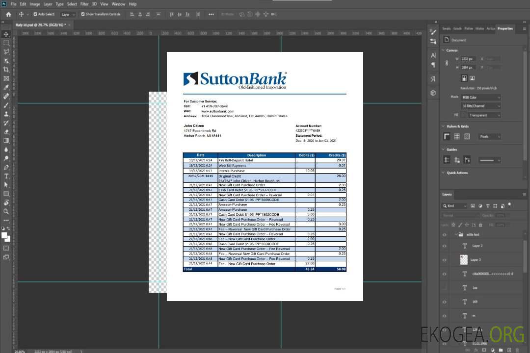 Modèle de relevé USA Ohio Sutton Bank au format de fichier .xls et .pdf template